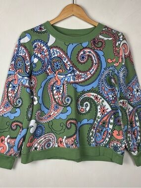 Talbots Paisley Sweatshirt Women's Size M Green Blue Peach Floral Print Pullover